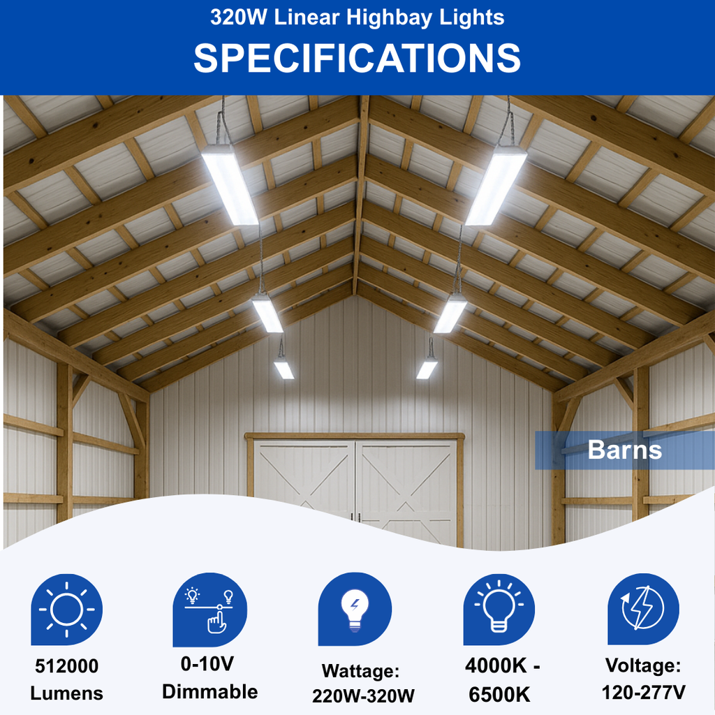 320W | 240W | 160W LED Linear High Bay Light Fixture CCT, 4000K/5000K/6500K LED Workshops Light, 0-10V Dimmable UL/DLC Lighting for Warehouse, Exhibit Halls, Supermarkets, Proudly Made in The USA