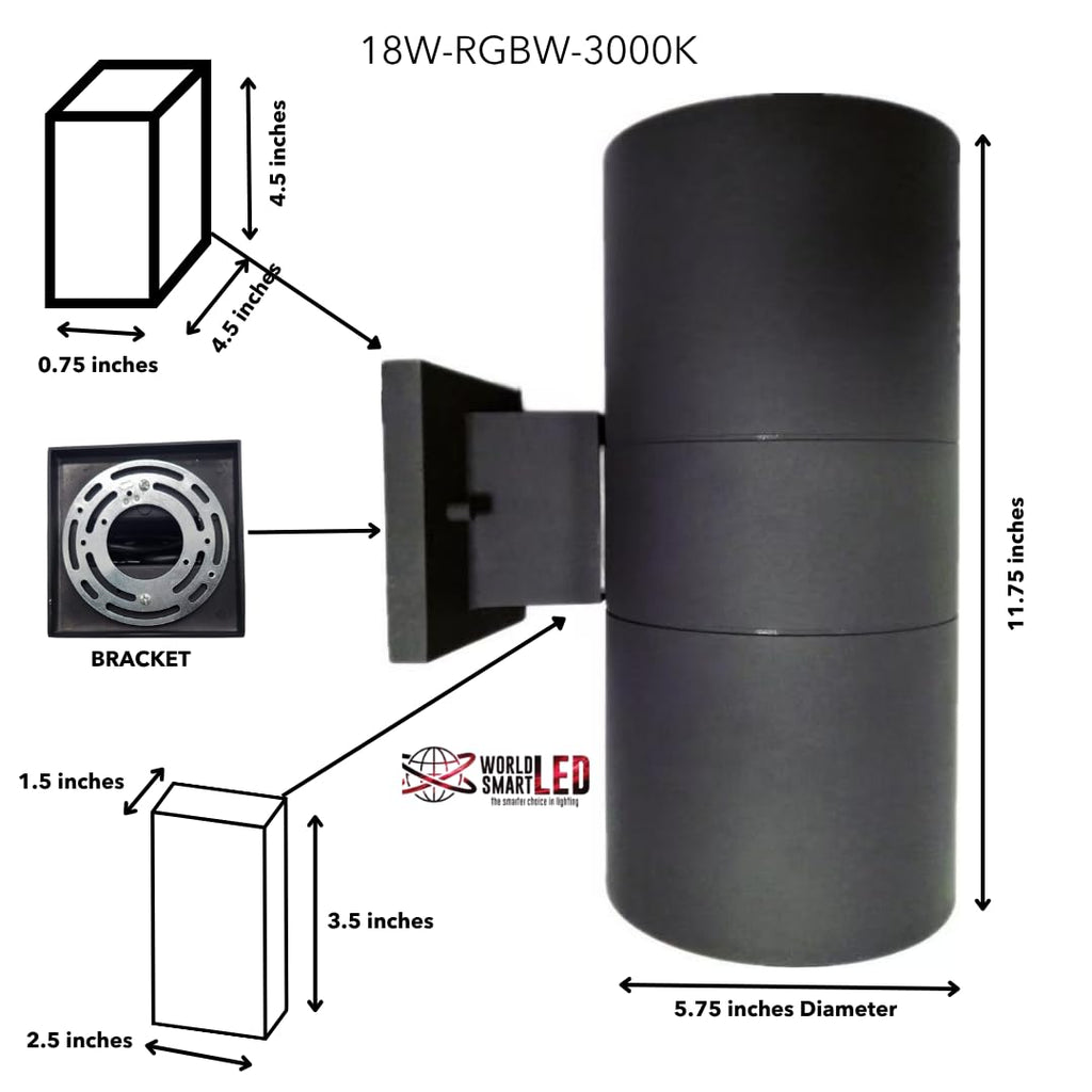 LED Up Down Light 18W RGBW 3000k | Modern Outdoor Lights for Porch Patio Light | Aluminum Cylinder and Tempered Glass Cover | Waterproof | Wall Sconce Multicolor- 2x18W RGBW (36W) Total