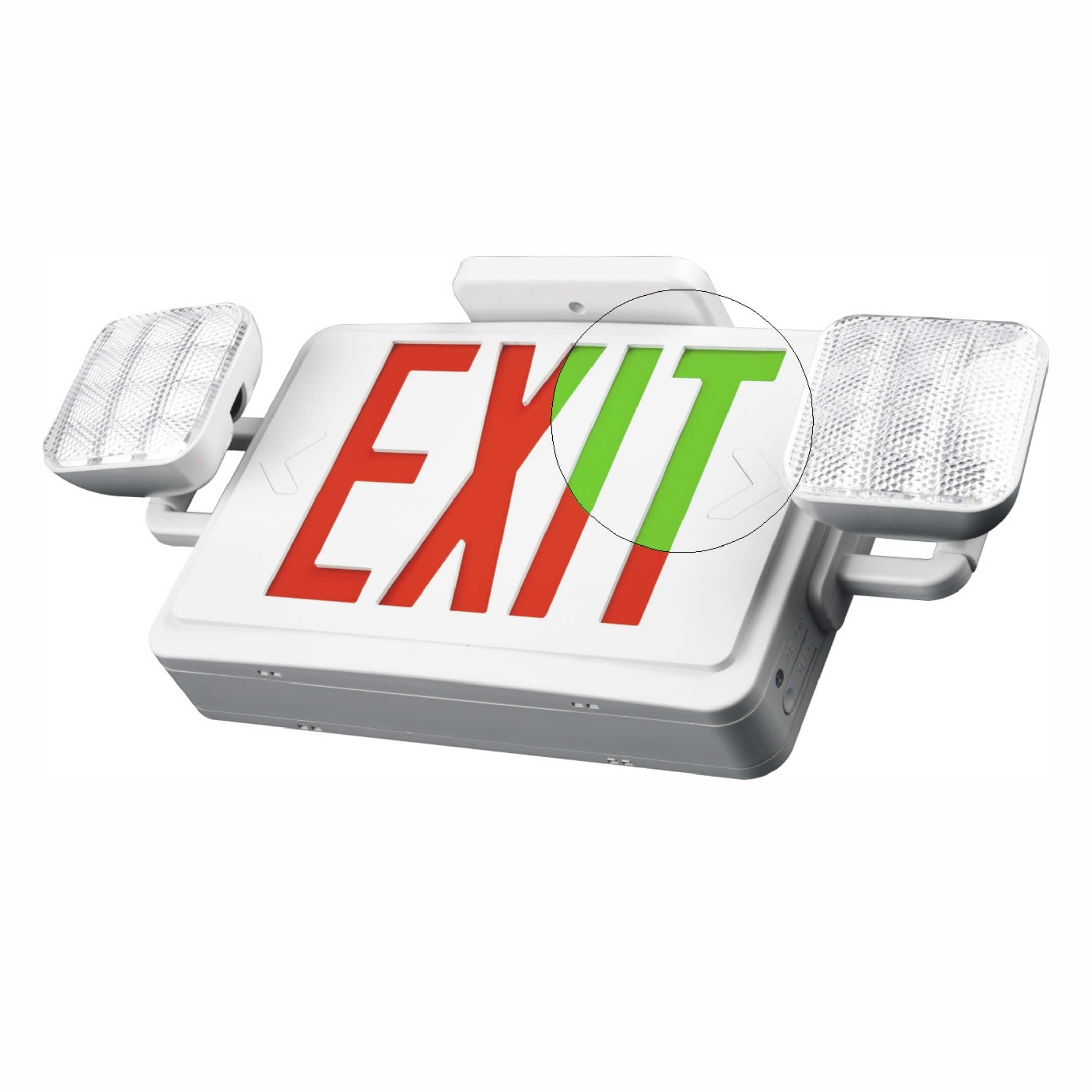 Red / Green Exit Sign with Two Adjustable Color LED Emergency Lights and 90 Minute Back Up - Flame Retardant, LED Emergency Exit Sign with Lights Battery Backup | UL Listed Exit Light Fixture with Rechargeable Battery | Universal Wall or Ceiling Mount Eme Main image