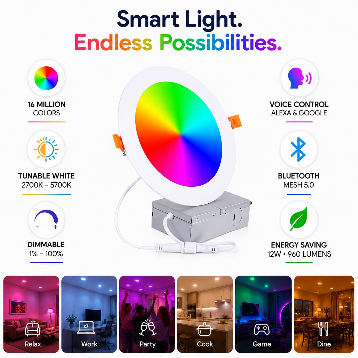 WSL Smart LED Recessed Downlights, 12W 6-inch, RGBCW Color Changing, Alexa and Google Compatible, Bluetooth, Dimmable (6 Pack and 10 Pack) Secondary image