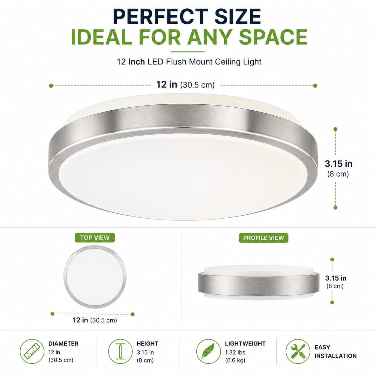 12 Inch LED Flush Mount Ceiling Light Fixture - TRIAC Dimmable - 15W Power, 1050LM - Modern Single Ring Ceiling Light for Bedroom, Kitchen, Bathroom, Home & Office - ETL Certified - Silver Secondary image
