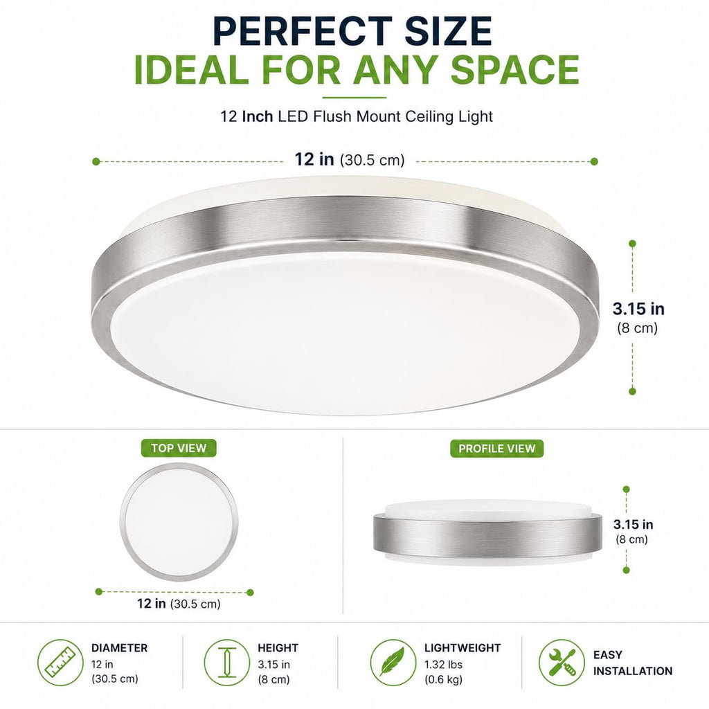 12 Inch LED Flush Mount Ceiling Light Fixture - TRIAC Dimmable - 15W Power, 1050LM - Modern Single Ring Ceiling Light for Bedroom, Kitchen, Bathroom, Home & Office - ETL Certified - Silver