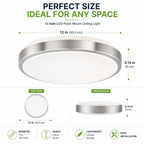 12 Inch LED Flush Mount Ceiling Light Fixture - TRIAC Dimmable - 15W Power, 1050LM - Modern Single Ring Ceiling Light for Bedroom, Kitchen, Bathroom, Home & Office - ETL Certified - Silver