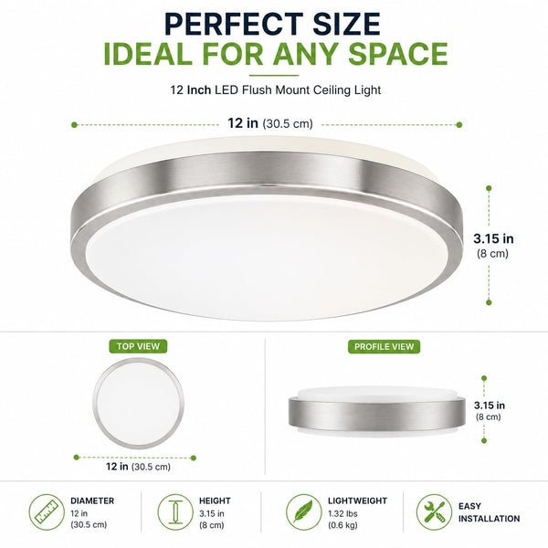 12 Inch LED Flush Mount Ceiling Light Fixture - TRIAC Dimmable - 15W Power, 1050LM - Modern Single Ring Ceiling Light for Bedroom, Kitchen, Bathroom, Home & Office - ETL Certified - Silver