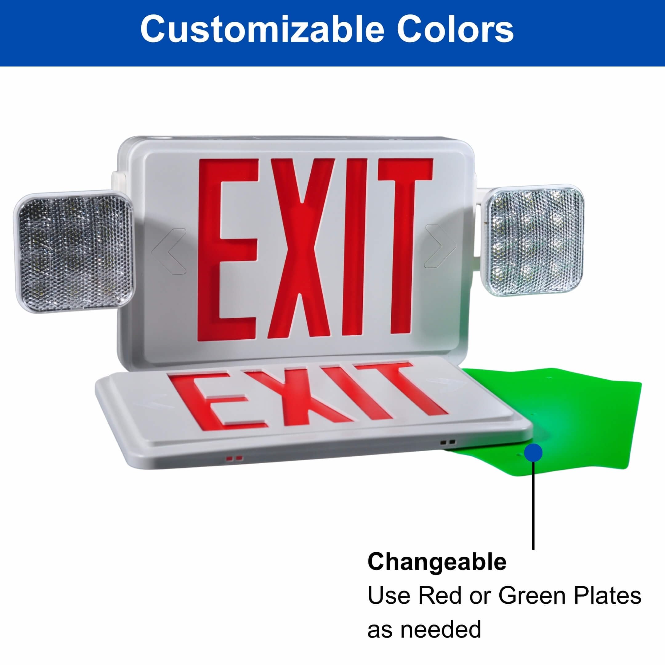 Red / Green Exit Sign with Two Adjustable Color LED Emergency Lights and 90 Minute Back Up - Flame Retardant, LED Emergency Exit Sign with Lights Battery Backup | UL Listed Exit Light Fixture with Rechargeable Battery | Universal Wall or Ceiling Mount Eme Secondary image