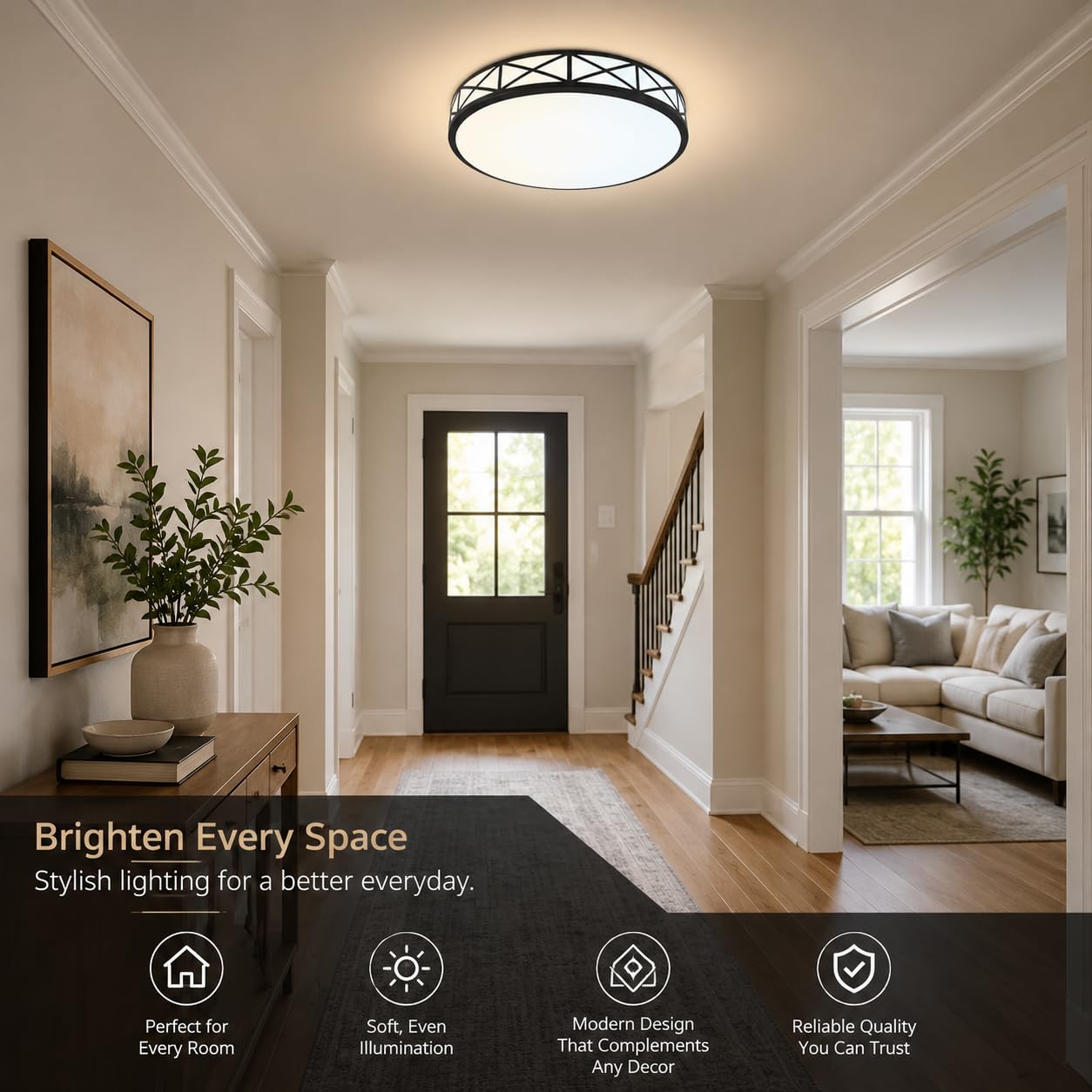 14 Inch LED Flush Mount Ceiling Light Fixture - TRIAC Dimmable - 25W Power, 1750LM - Modern Criss Ceiling Light for Bedroom, Kitchen, Bathroom, Home & Office - ETL Certified - Black