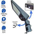 World Smart 150W LED Parking Lot Light with Photocell, Dusk to Dawn Outdoor Flood Light for Commercial Street & Area Lighting, Pole Barn, Street, Stadium - 5700K Daylight, 24000LM, IP65 Waterproof