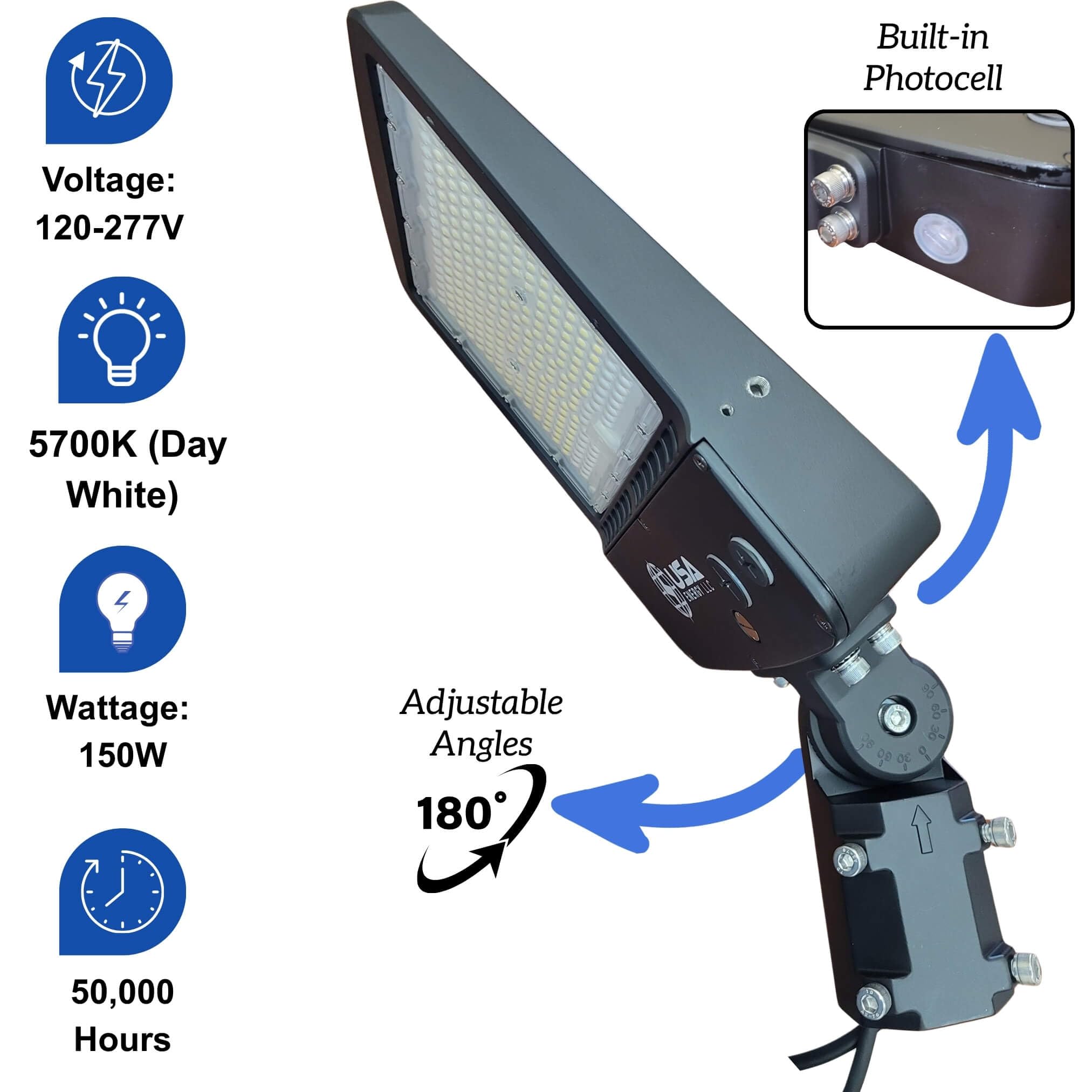 World Smart 150W LED Parking Lot Light with Photocell, Dusk to Dawn Outdoor Flood Light for Commercial Street & Area Lighting, Pole Barn, Street, Stadium - 5700K Daylight, 24000LM, IP65 Waterproof