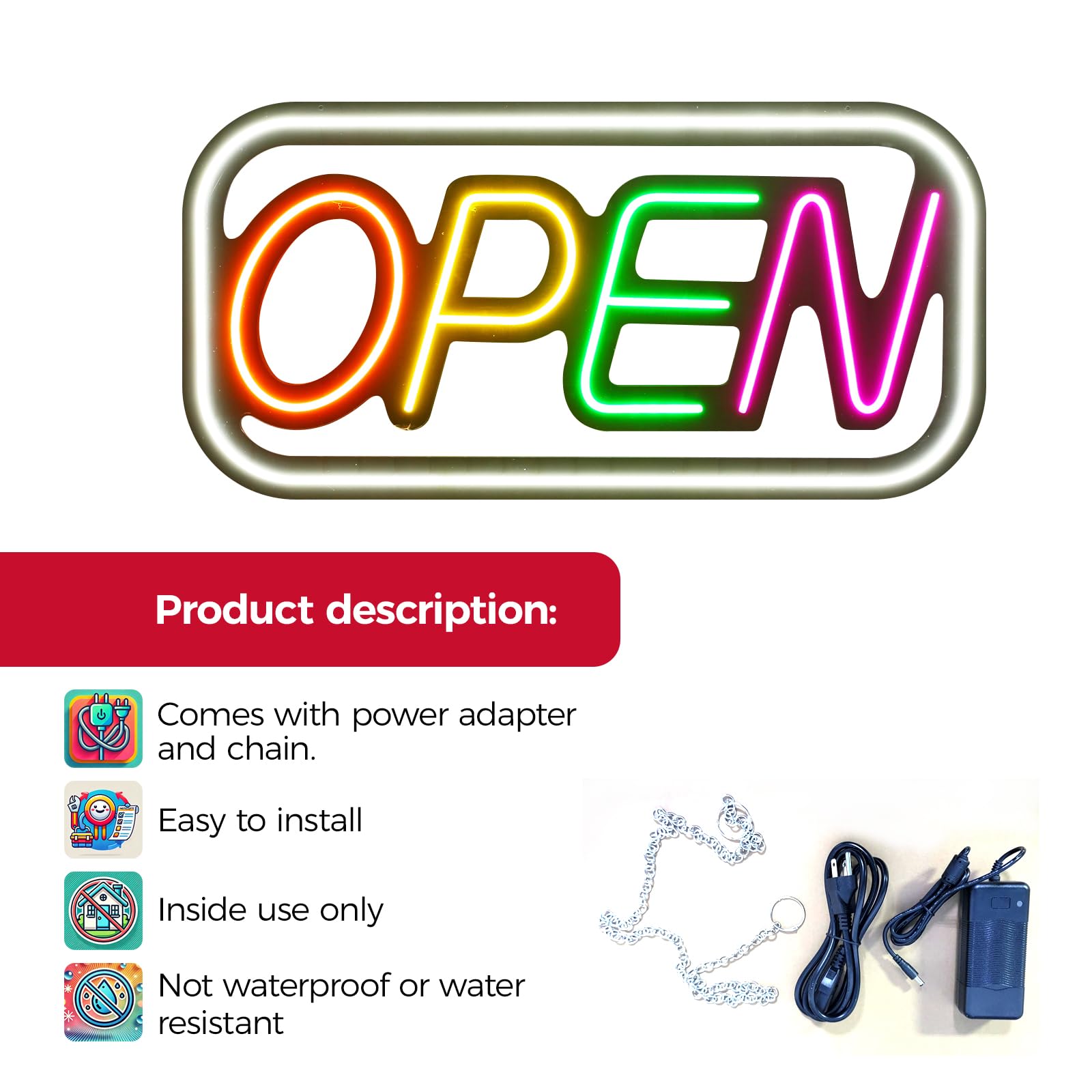 LED Sign, 35.43" x 17.71", RGB, Bright Neon, Energy-Efficient, Safe, Durable - Open Sign Secondary image