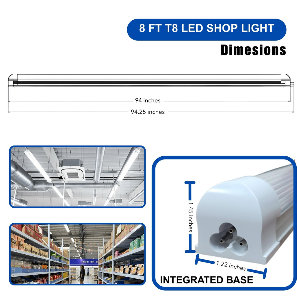 8FT LED Shop Light Fixture - White 25 Pack T8 Integrated Tube Lights 60W 9600LM 6500K Bulbs Super Bright Strip Cover, Linkable Lighting for Shop Light Bedroom, Garage, Warehouse, Workshop,Ceiling