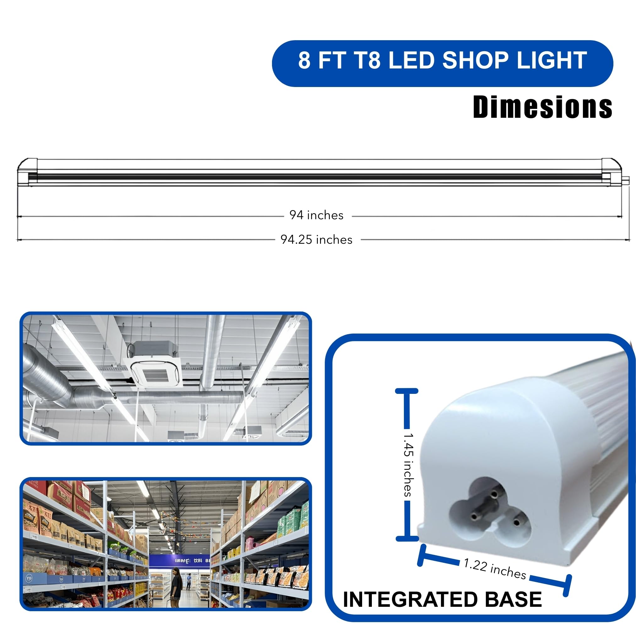 8FT LED Shop Light Fixture - White 25 Pack T8 Integrated Tube Lights 60W 9600LM 6500K Bulbs Super Bright Strip Cover, Linkable Lighting for Shop Light Bedroom, Garage, Warehouse, Workshop,Ceiling