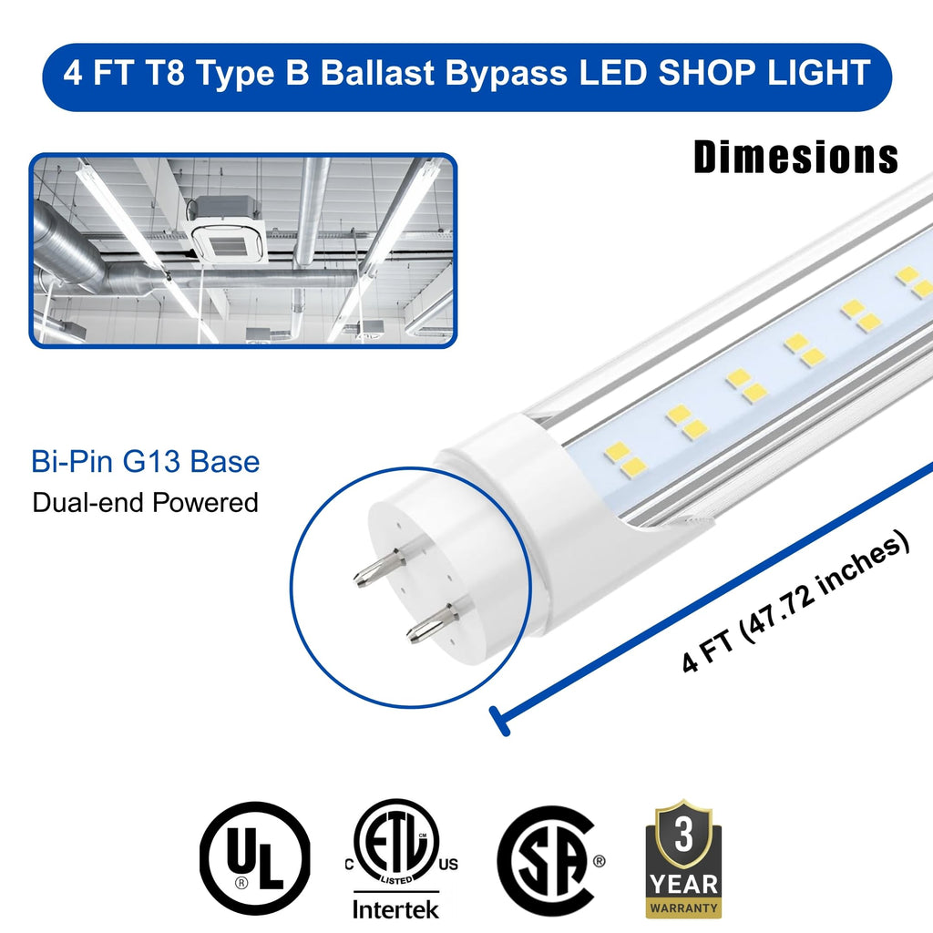 T8 4FT LED Type B Ballast Bypass Tube Light 2 Pin 24W 6500K (25 Pack)