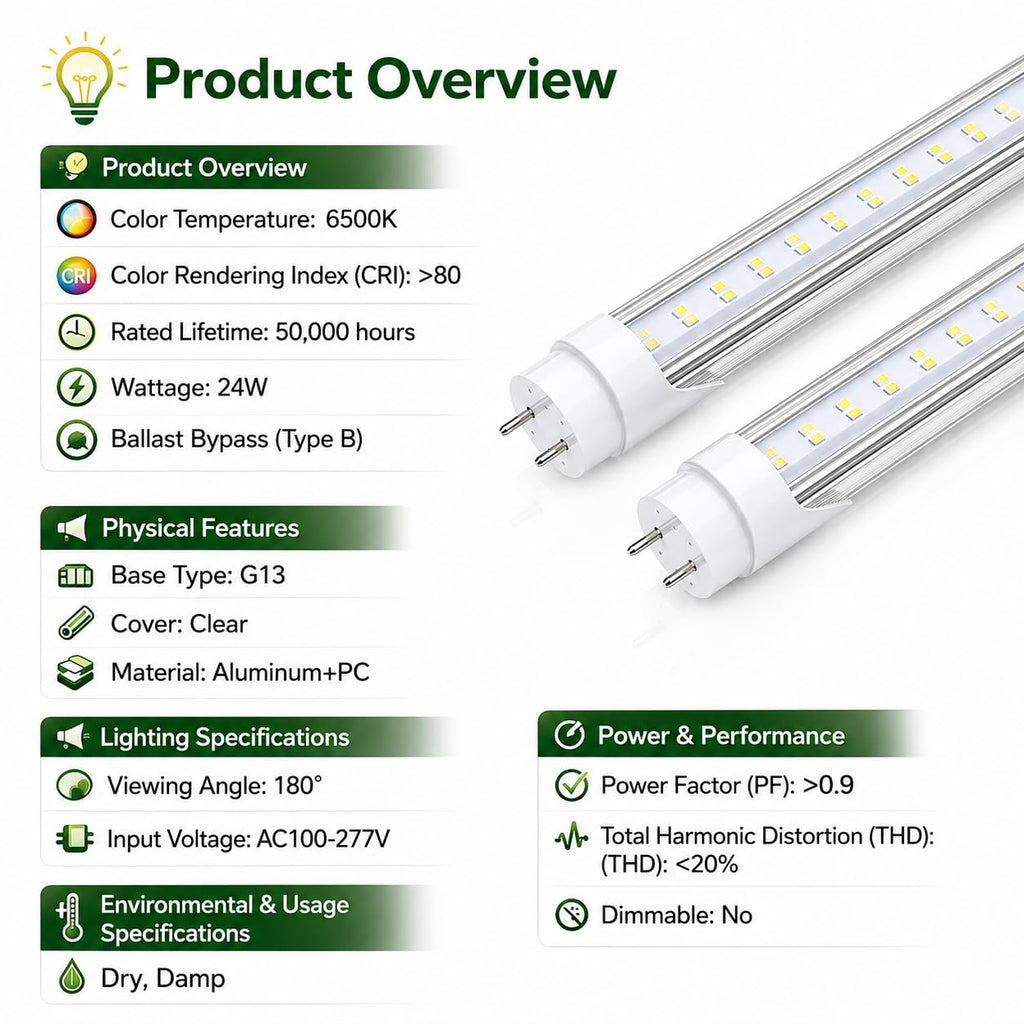 T8 4FT LED Type B Ballast Bypass Tube Light 2 Pin 24W 6500K (25 Pack)