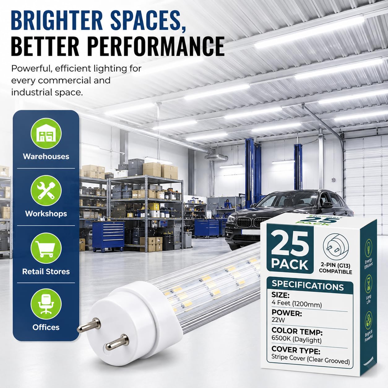 T8 4FT LED Type A+B Light Bulbs, 22W 6500K, 3200LM, Plug and Play or Ballast Bypass, Replacement for Fluorescent Fixtures, Clear, Dual Ended Power(25-Pack) Secondary image