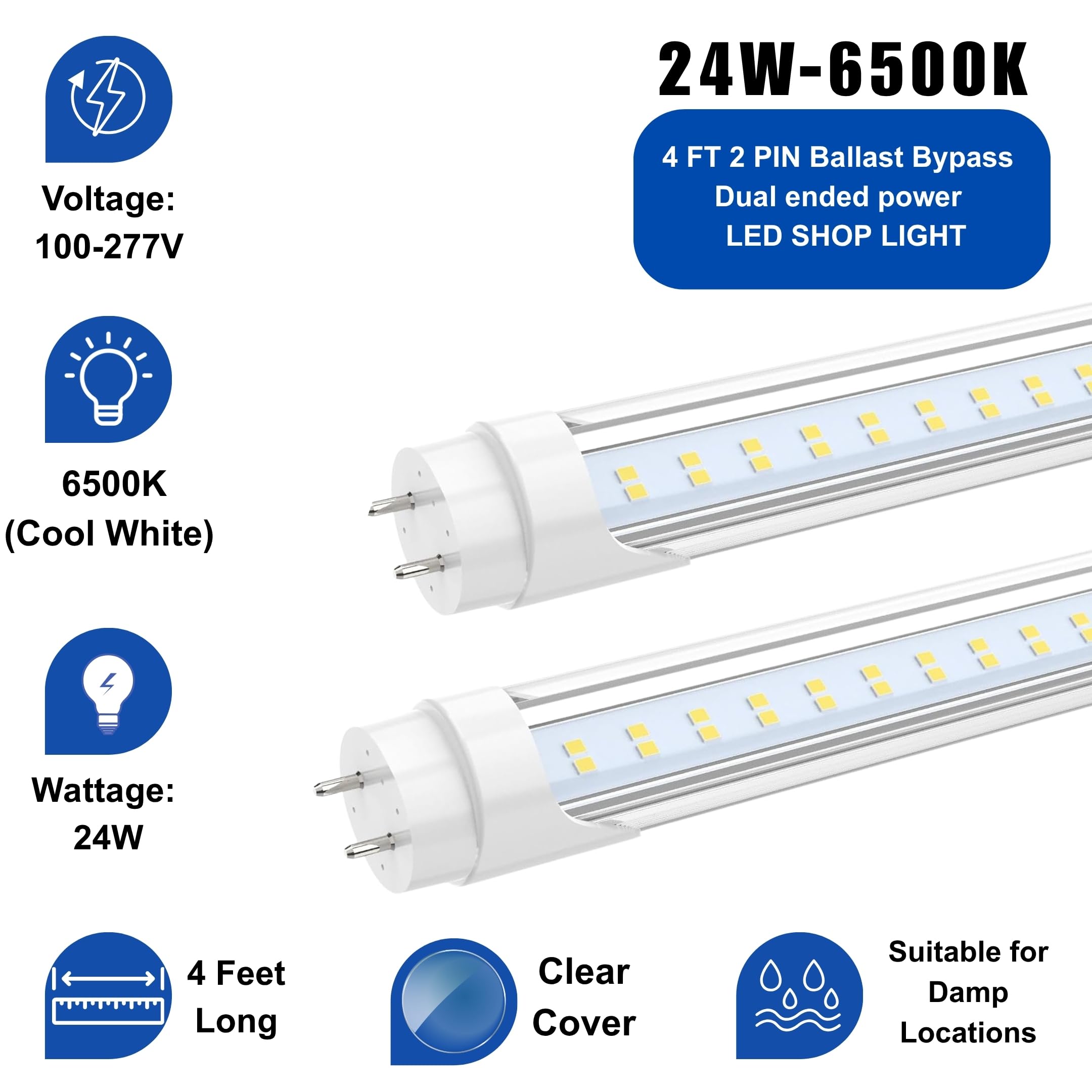 T8 4FT LED Type B Ballast Bypass Tube Light 2 Pin 24W 6500K (25 Pack)