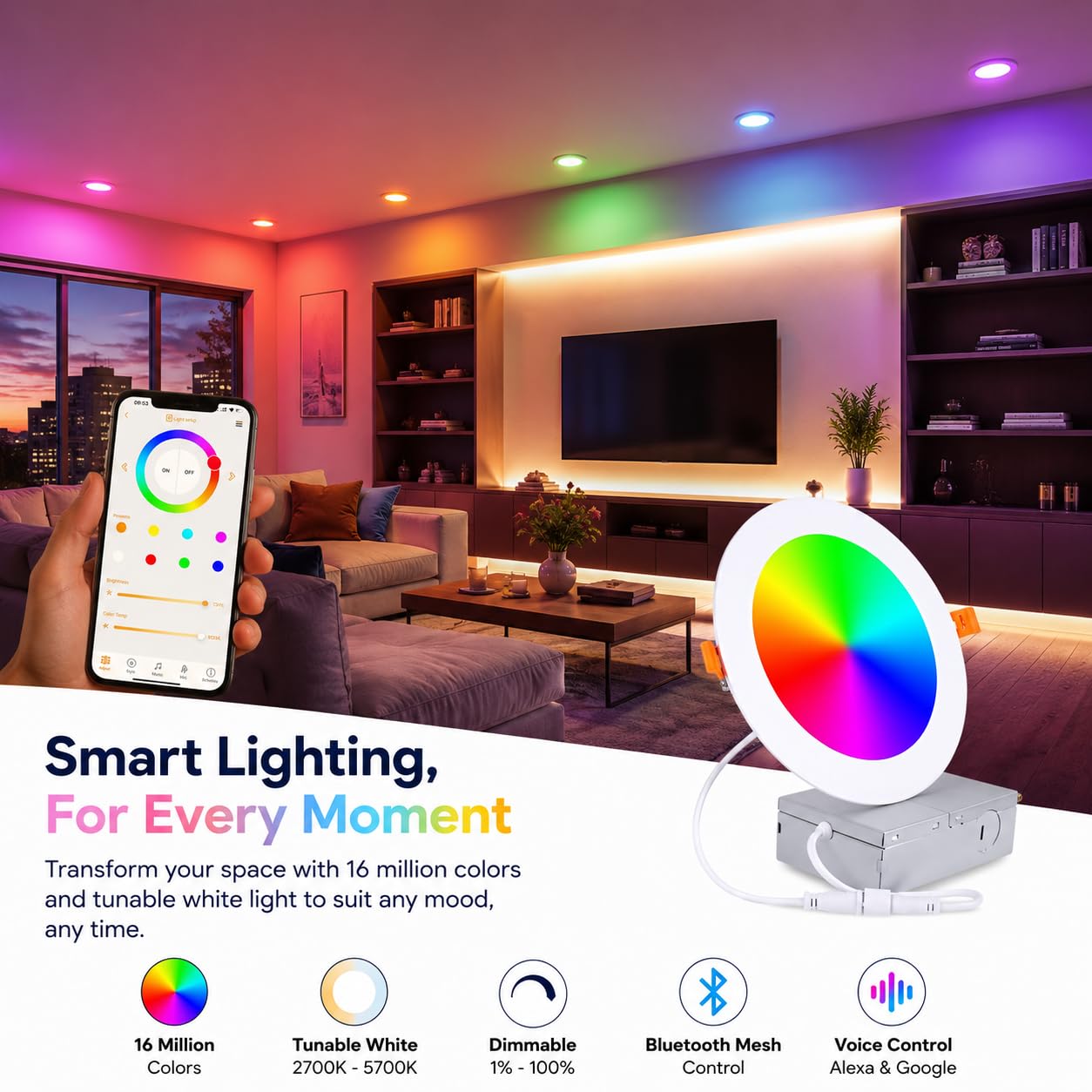 WSL Smart LED Recessed Downlights, 12W 6-inch, RGBCW Color Changing, Alexa and Google Compatible, Bluetooth, Dimmable (6 Pack and 10 Pack)