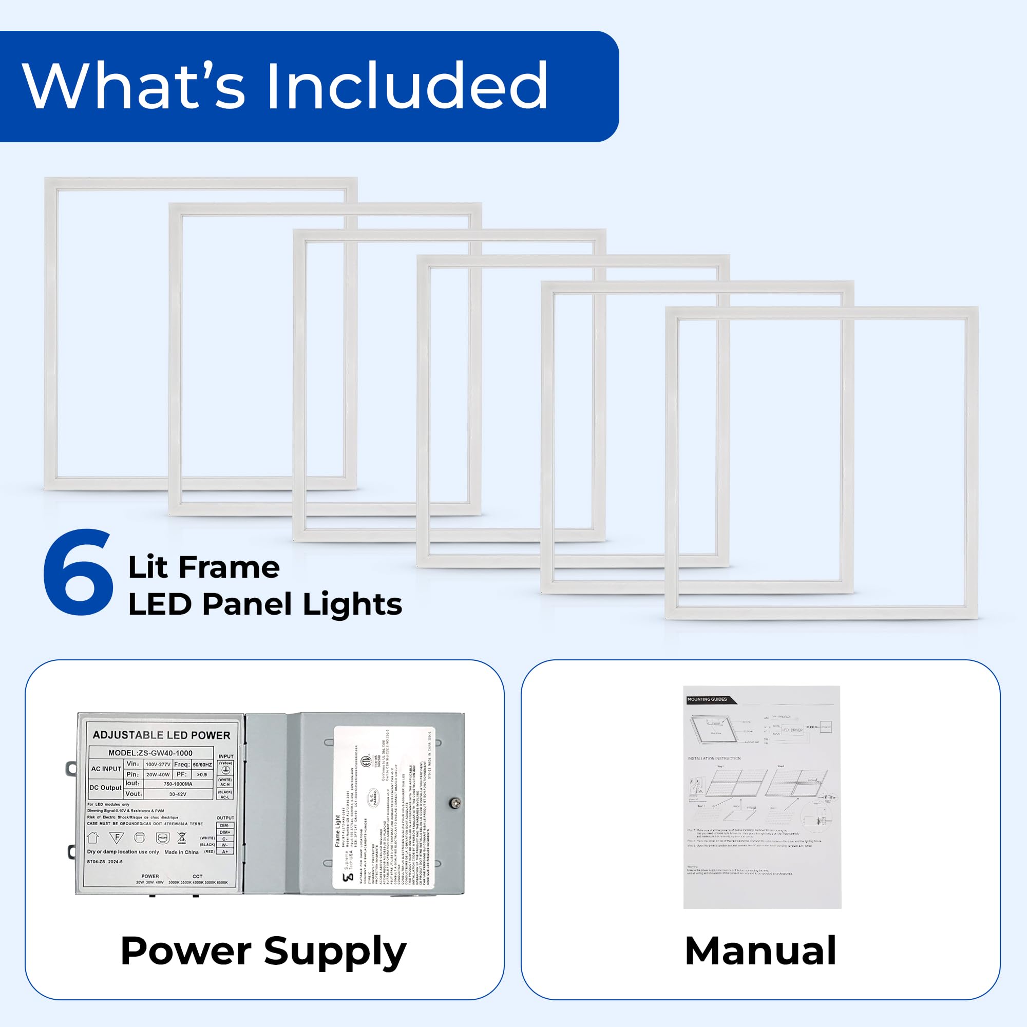 World Smart 2x2 FT Edge-Lit LED Panel Light 6 Pack, 5CCT 3000K-6500K & 3 Wattage Options (20W/30W/40W), 0-10V Dimmable Drop Ceiling Lights, 100-277V, Damp Rated