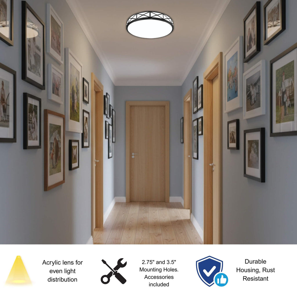 14 Inch LED Flush Mount Ceiling Light Fixture - TRIAC Dimmable - 25W Power, 1750LM - Modern Criss Ceiling Light for Bedroom, Kitchen, Bathroom, Home & Office - ETL Certified - Black