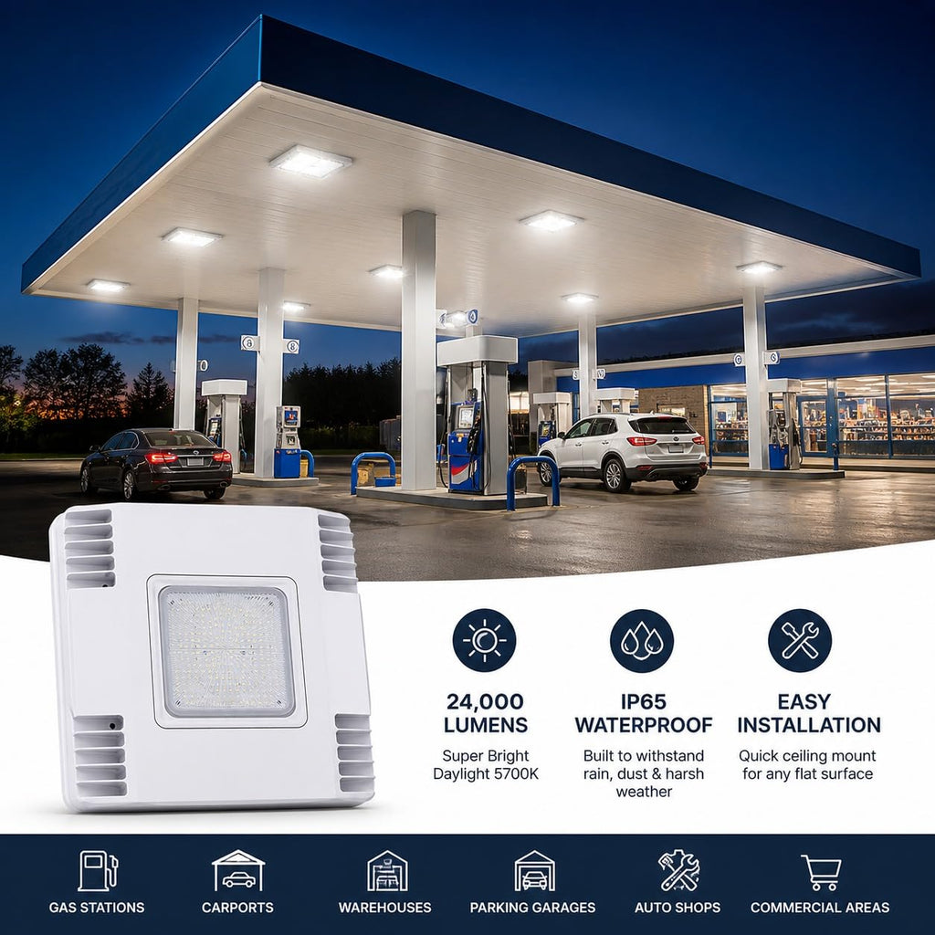 150W LED Canopy Light, Waterproof Parking Lot Lights for carport, Warehouse, Gas Station, Auto Shop - 5700K Daylight, 24000LM, 100-277V Dimmable