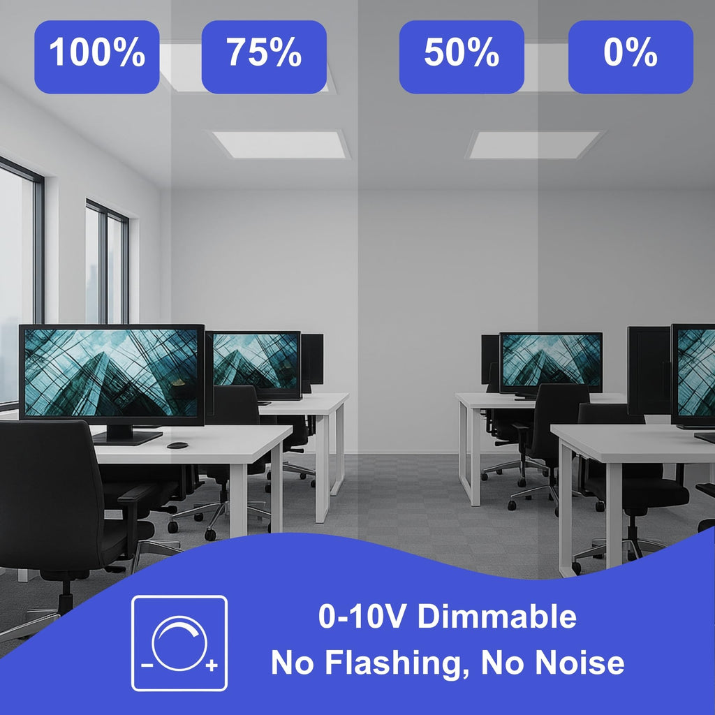 2x4, 2x2, 1x4 ft Led Flat Panel Lights, Selectable Color Temp CCT Upto 6500K Dimmable Recessed Drop Ceiling Light, No Flicker, Easy to Install, Garage, Office, Residential, Warehouse.