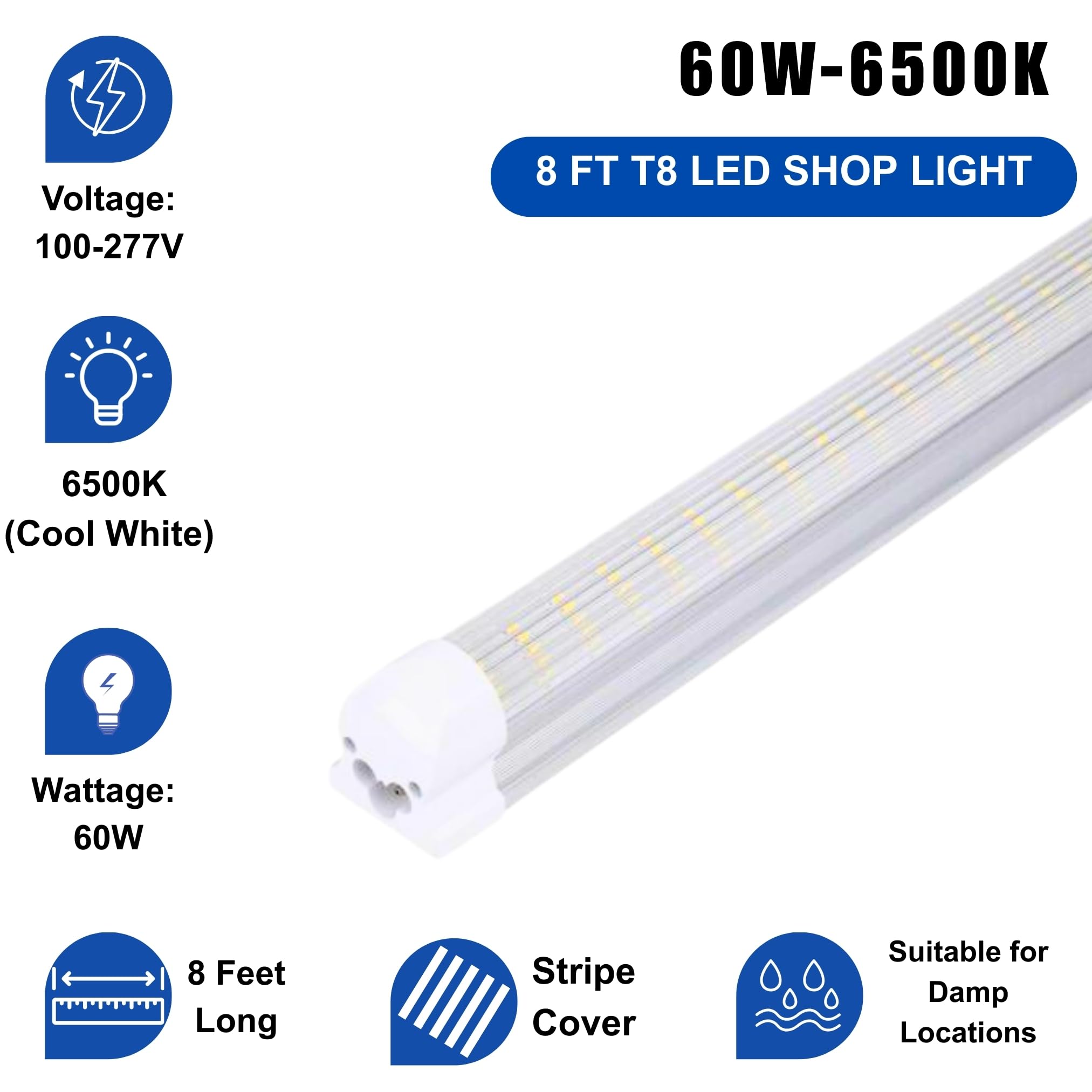 8FT LED Shop Light Fixture - White 25 Pack T8 Integrated Tube Lights 60W 9600LM 6500K Bulbs Super Bright Strip Cover, Linkable Lighting for Shop Light Bedroom, Garage, Warehouse, Workshop,Ceiling Secondary image