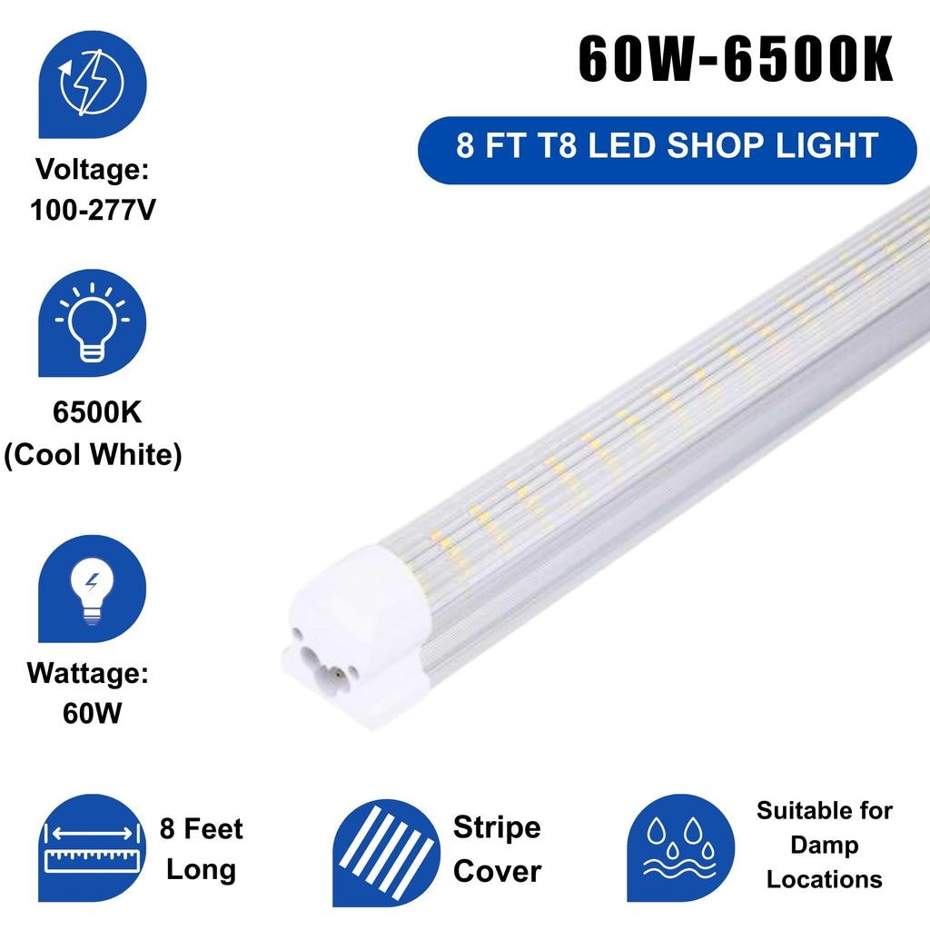 8FT LED Shop Light Fixture - White 25 Pack T8 Integrated Tube Lights 60W 9600LM 6500K Bulbs Super Bright Strip Cover, Linkable Lighting for Shop Light Bedroom, Garage, Warehouse, Workshop,Ceiling