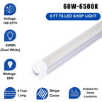 8FT LED Shop Light Fixture - White 25 Pack T8 Integrated Tube Lights 60W 9600LM 6500K Bulbs Super Bright Strip Cover, Linkable Lighting for Shop Light Bedroom, Garage, Warehouse, Workshop,Ceiling