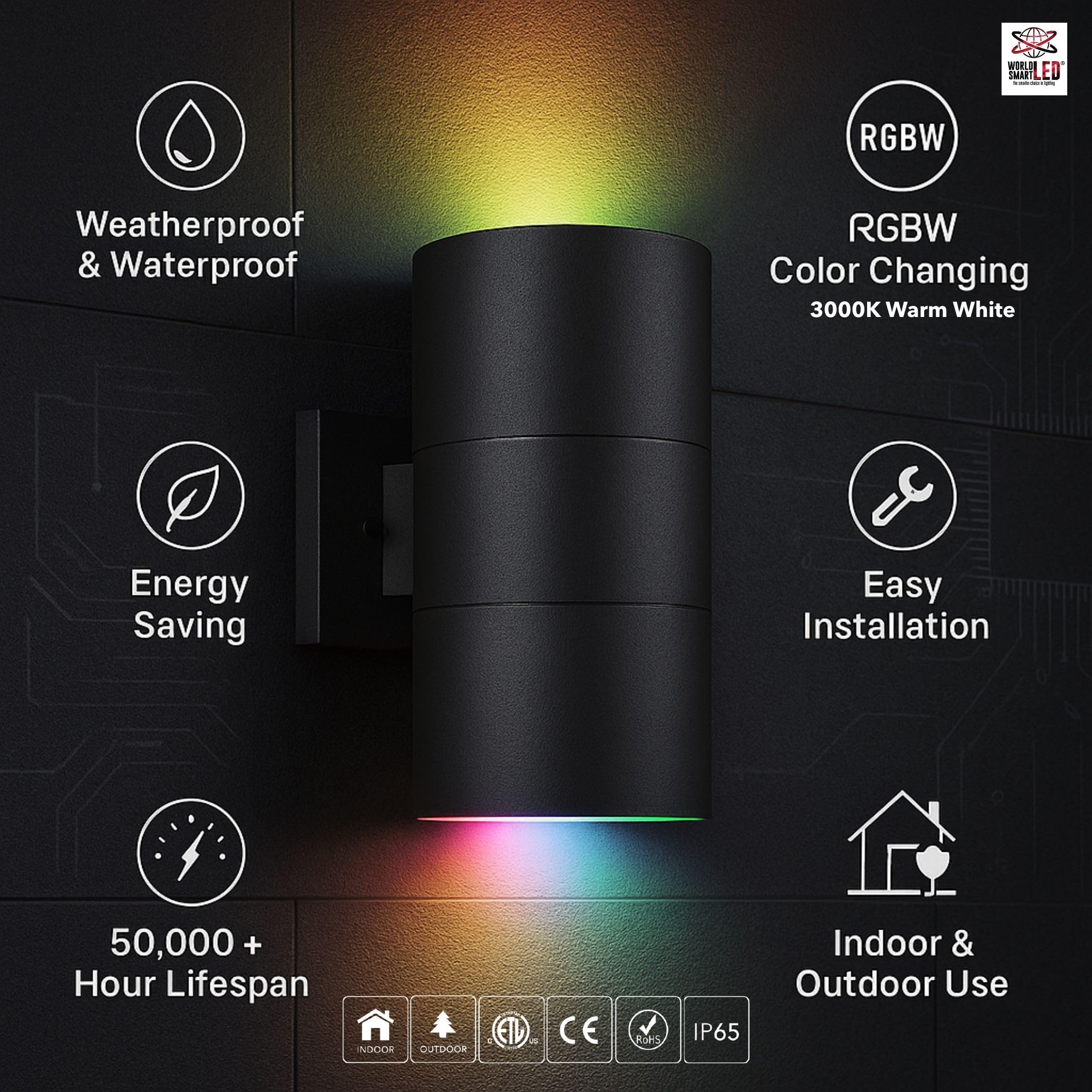 LED Up Down Light 36W RGBW 3000k | Modern Outdoor Lights for Porch Patio Light | Aluminum Cylinder and Tempered Glass Cover | Waterproof | Wall Sconce Multicolor- 2x36W RGBW (72W) Total Secondary image