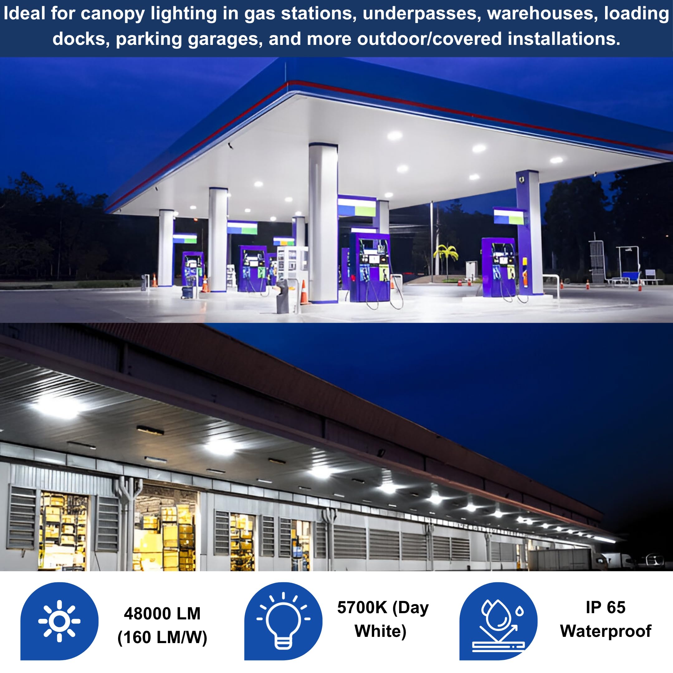 300W LED Canopy Light, Waterproof Parking Lot Lights for Carport, Warehouse, Gas Station, Carport, Auto Shop - 5700K Daylight, 48000LM, 100-277V