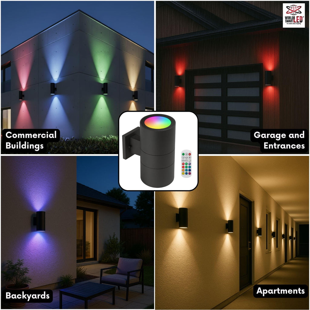 World Smart LED Modern Outdoor Porch Patio Light Up Down with Aluminum Cylinder and Tempered Glass Cover Waterproof Wall Sconce Multicolor RGBW, Proudly Made in The USA