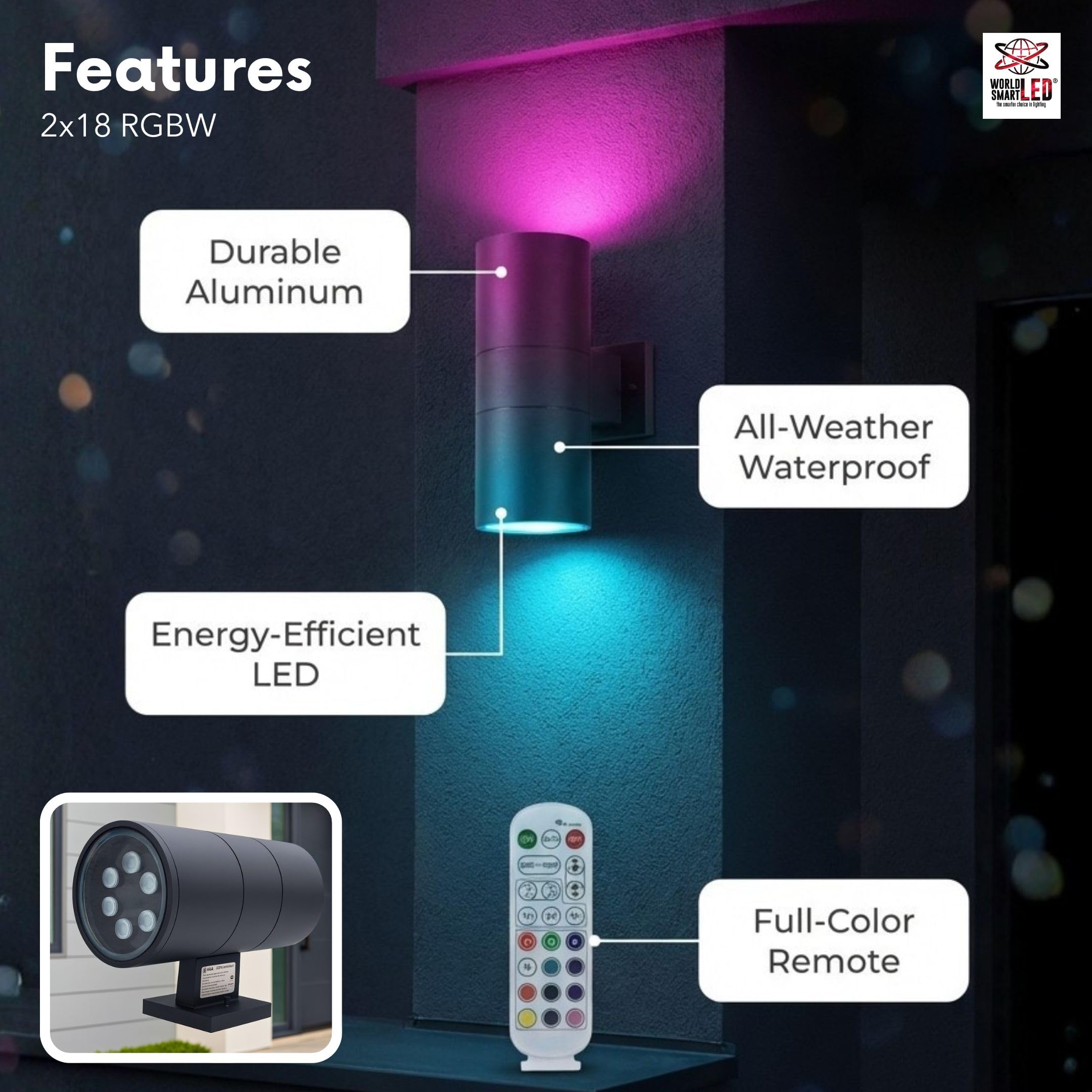 World Smart LED Modern Outdoor Porch Patio Light Up Down with Aluminum Cylinder and Tempered Glass Cover Waterproof Wall Sconce Multicolor RGBW, Proudly Made in The USA
