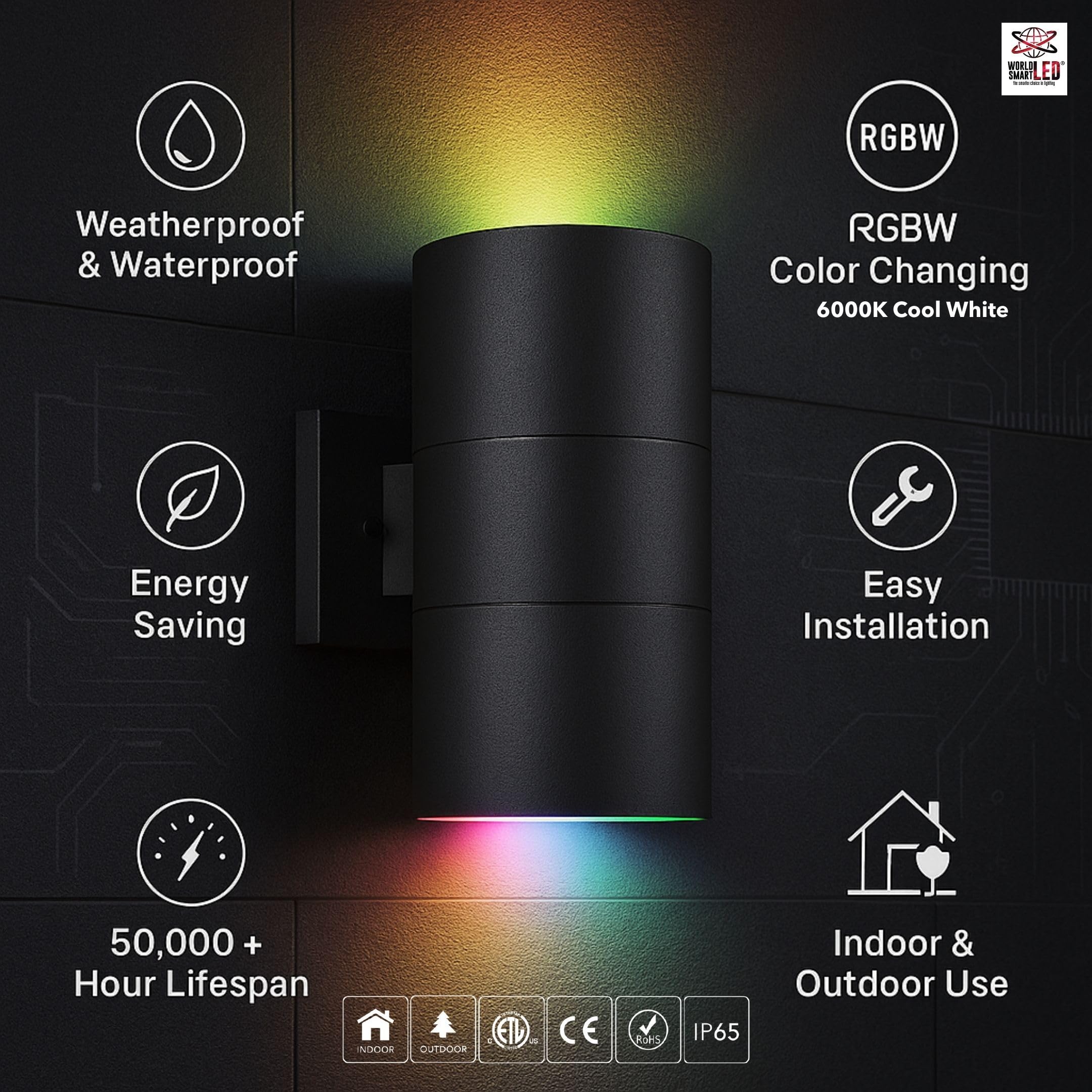 World Smart LED Modern Outdoor Porch Patio Light Up Down with Aluminum Cylinder and Tempered Glass Cover Waterproof Sconces Wall Lighting Multicolor RGBW (24 Watts - RGBW (Cool White 6000K)) Secondary image