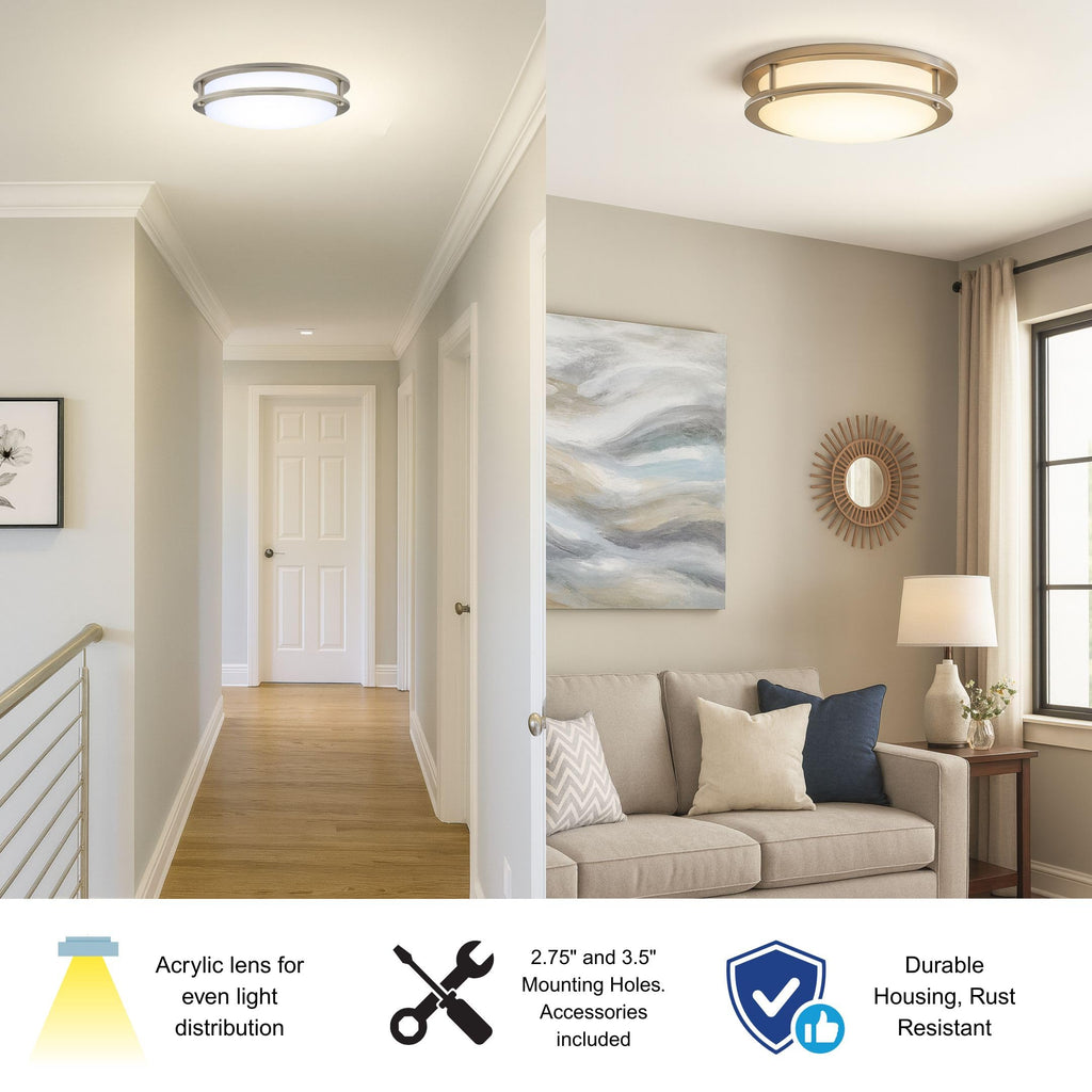 14 and 16 Inch LED Flush Mount Ceiling Light Fixture - TRIAC Dimmable - 25W Power, 1750LM - Modern Double Ring Ceiling Light- Silver/Brushed Nickel and Black
