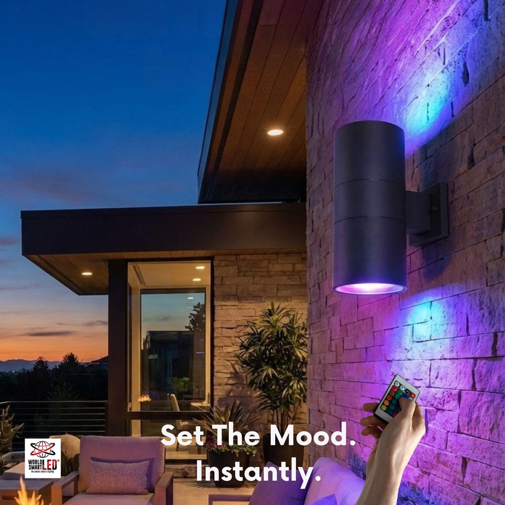 World Smart LED Modern Outdoor Porch Patio Light Up Down with Aluminum Cylinder and Tempered Glass Cover Waterproof Wall Sconce Multicolor RGBW, Proudly Made in The USA